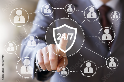 Business button 24 hours service shield security virus network