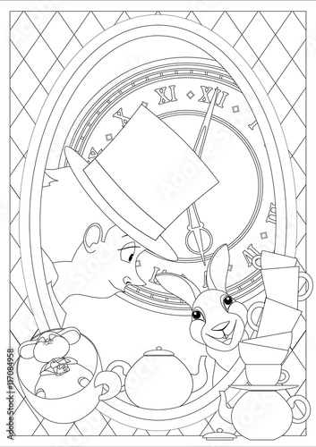 Coloring Page. Alice in Wonderland. Mad tea party.