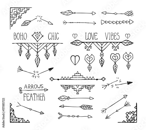 Monochrome hand drawn boho tribal elements collection.