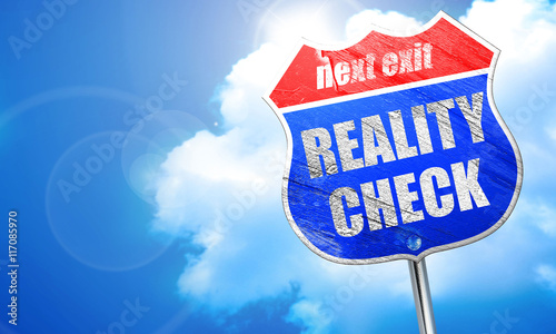 Фотография reality check, 3D rendering, blue street sign
