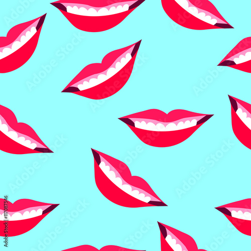 Seamless pattern with smile lips on a blue background..