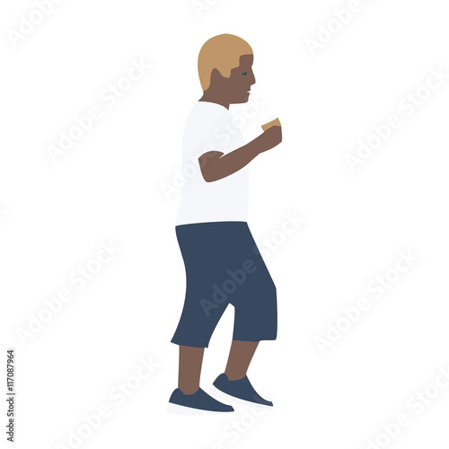 Vector illustration of a little boy is walking and eating ice cream in summer