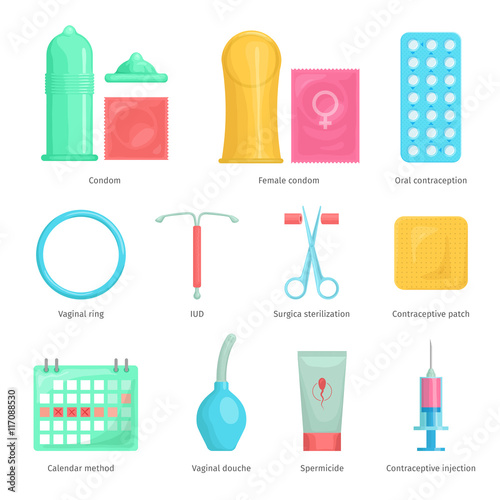 Contraception methods cartoon icons set with calendar injection and oral contraception symbols. Birth control vector illustration.