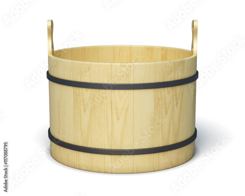 Wooden bucket isolated on white background. 3d rendering.