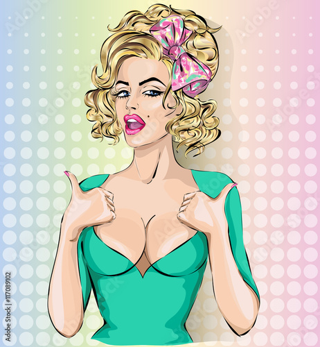 Pop art sexy woman showing thumbs up hand gesture