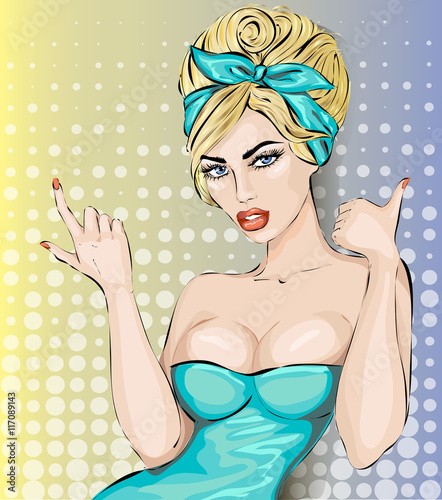 Pop art sexy woman showing thumbs up hand gesture