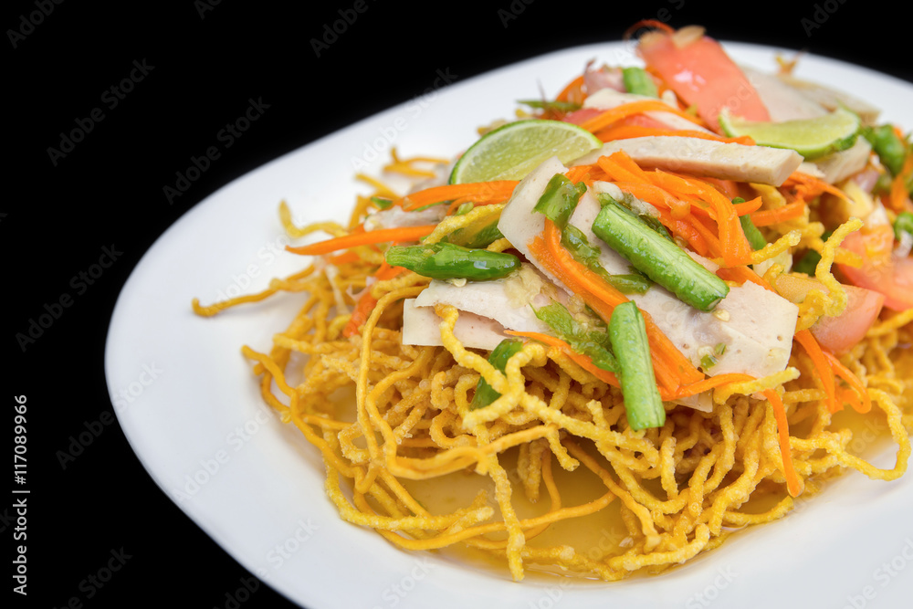 pressed pork spicy salad with vegetables and fired noodle pressed pork spicy salad with vegetables and fired noodle