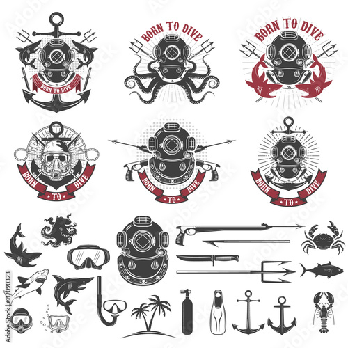 Born to dive. Set of vintage diver helmets, diver label template