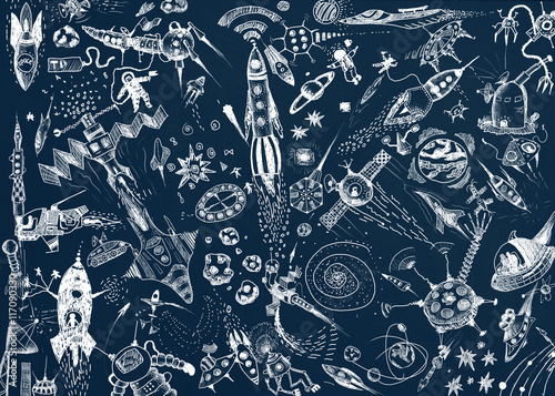 Fototapeta Naklejka Na Ścianę i Meble -  Space background with a large group of space rockets