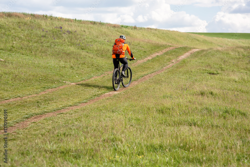 Obraz premium Young man cycling on a rural road through green meadow