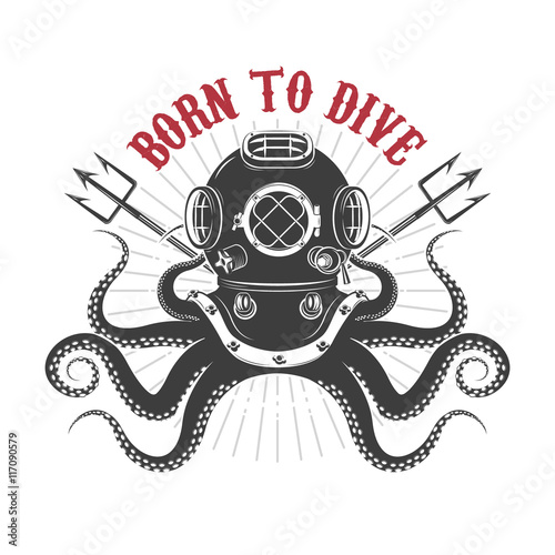octopus with diver helmet and two tridents.