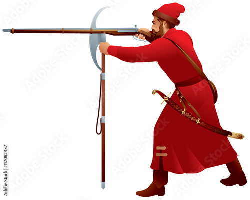 Russian Streltsy guard infantry soldier shooting, the units of Russian guardsmen from the 16th to the early 18th centuries armed with musket, bardiche or poleaxes and saber