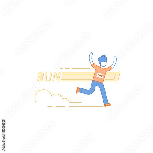 Running man, finish line, first winner, healthy lifestyle, marathon competition, triathlon contest, sport activity event