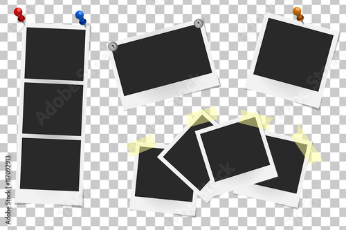 Set of realistic vector photo frames on sticky tape, pins and rivets. Template photo design, Vector illustration