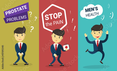 Prostate problem. Incontinence concept. Stop Cancer. Cartoon Man wants to pee and is holding his bladder. Infographic Men's health, medicine, cure, treatment. Flat design vector illustration