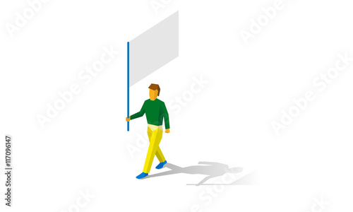 Isometric flag bearer in Brazilian colors with blank standard