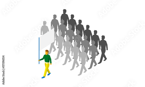 Isometric flag bearer in Brazilian colors with blank standard and a lot of grey people behind him