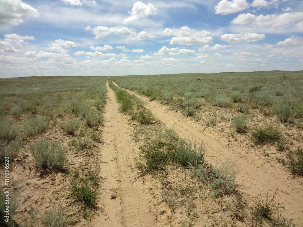 Infinite desert road in the Western Kazakhstan against a blue sky