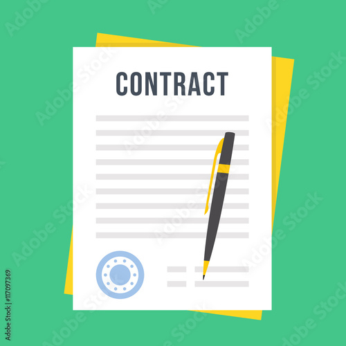 Contract document with rubber stamp and pen. Sign contract concept. Flat style design vector illustration photo