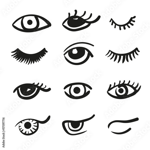 Set of doodle eyes and lashes. Vector black and white icons. 