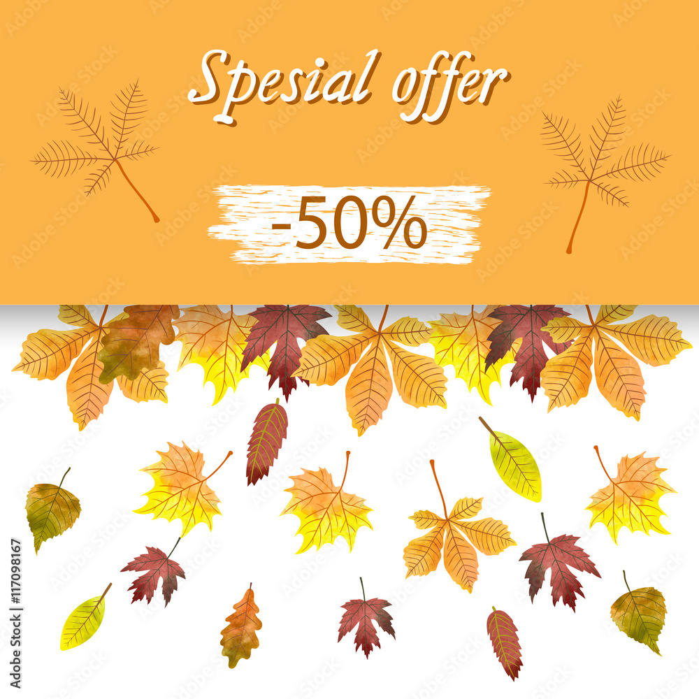 Autumn sale banner with colorful watercolor leaves. Vector fall background. 