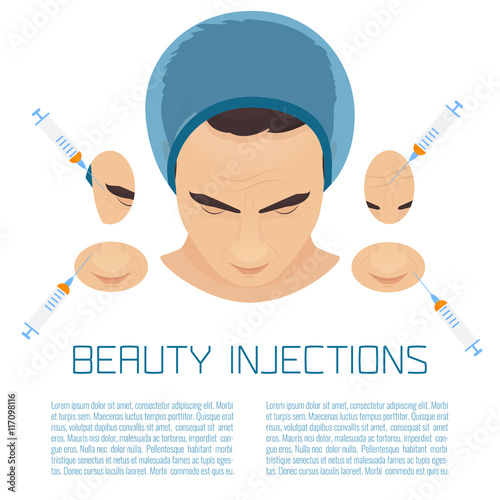 Beauty facial injections for men. Anti-ageing therapy process for facelift and wrinkles. Male rejuvenation treatment infographics. Vector illustration.