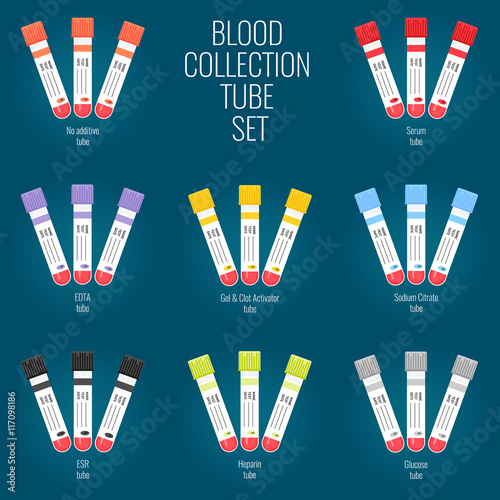 Test tube set for collecting blood. Kit of laboratory test tubes with various colored tops for different blood tests. Medical equipment isolated on blue. Medical concept. Vector illustration.



 photo