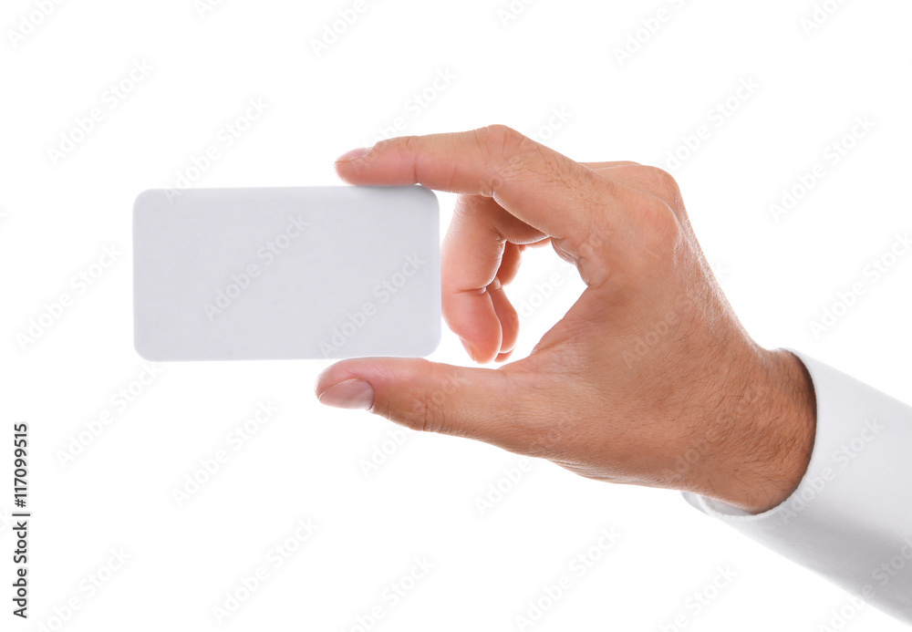 Man hand with white blank card, isolated on white Man hand with white blank card, isolated on white