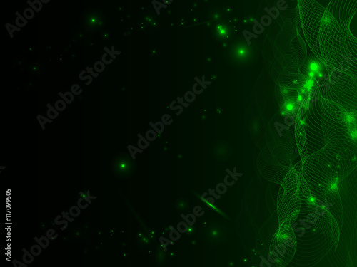 Black and green neon abstract background with intertwined lines on the right of the picture