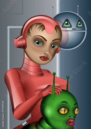 Girl with a science fiction costume in a metallic room with a spherical robot and an alien pet