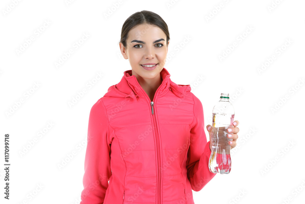 Young woman with bottle of water isolated on white Young woman with bottle of water isolated on white