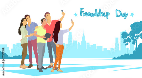 Silhouette People Group Make Selfie Photo Over City Background Friendship Day Banner