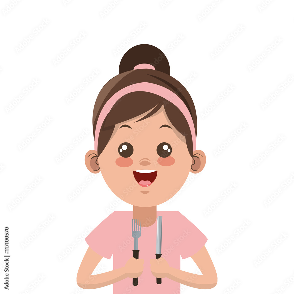 Obraz premium flat design happy little girl holdign fork and knife icon vector illustration