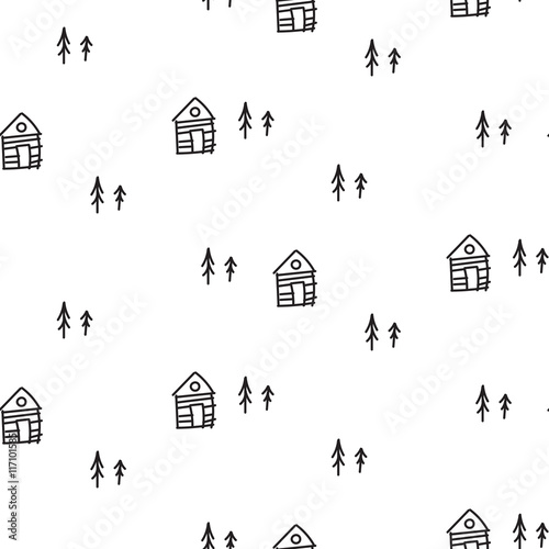 Line houses scandinavian ornament. Vector hand drawn hut seamless pattern.