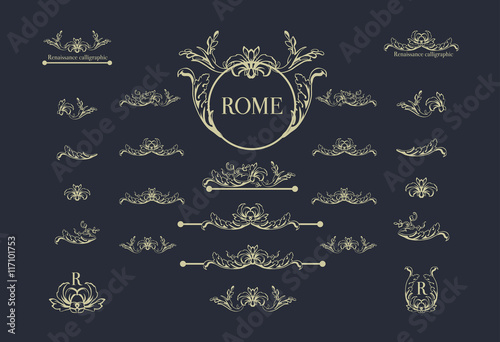 Vector set of italian calligraphic design elements for page decor, dividers and ornate headpieces,vintage underscore,underline.