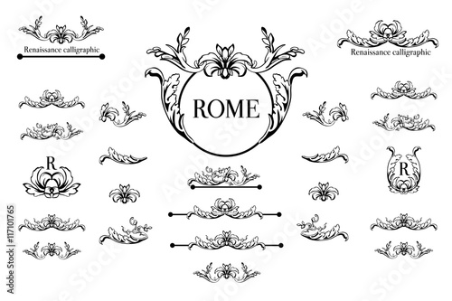 Vector set of calligraphic design elements, page decor, dividers and ornate headpieces. photo