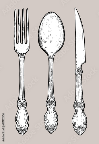 Hand drawn vintage silver cutlery.