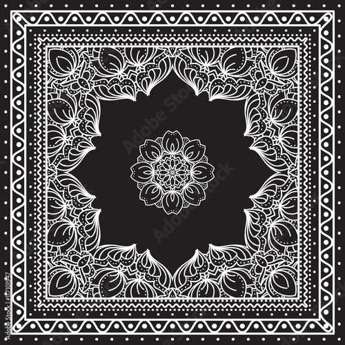 Black and white Bandana print design with borders for fashion textile.