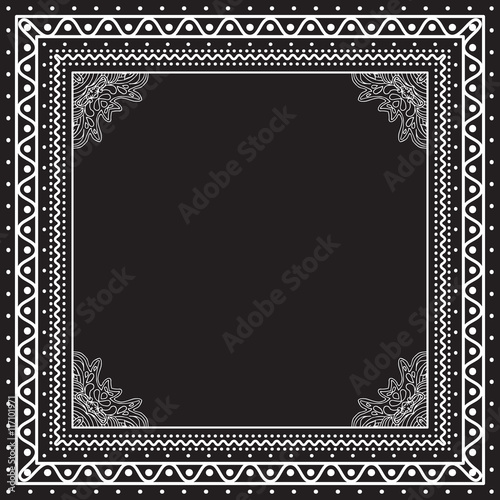 Black and white Bandana print design with borders for fashion textile.