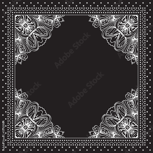 Black and white Bandana print design with borders for fashion textile.
