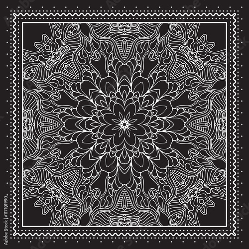 Black and white Bandana print design with borders for fashion textile.