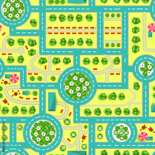 Map of a top view from the city. Road and trees seamless pattern