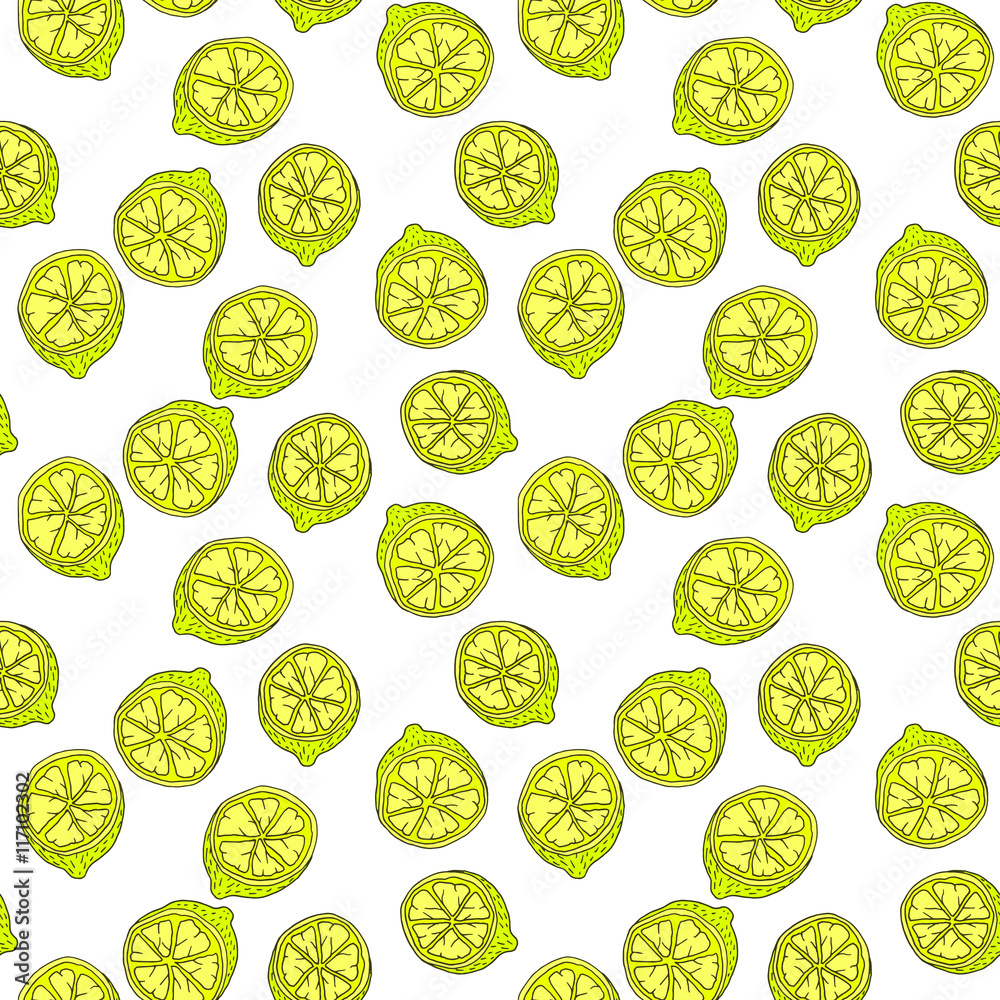 Cartoon yellow lemon fruit with contour, seamless pattern Cartoon yellow lemon fruit with contour, seamless pattern