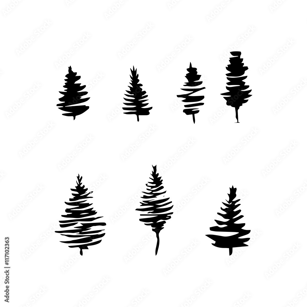Obraz premium Fire tree black silhouettes, set isolated on white.