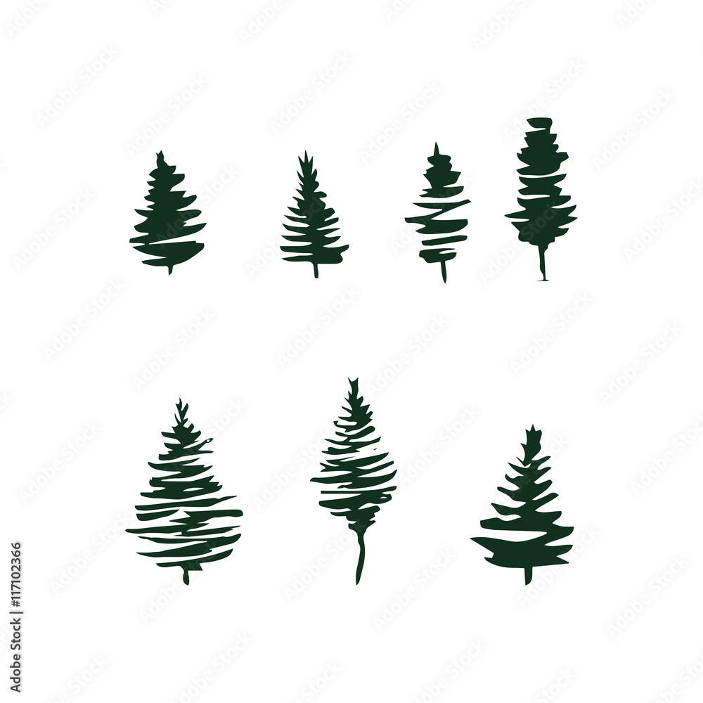 Fototapeta premium Fire tree silhouettes set isolated on white.