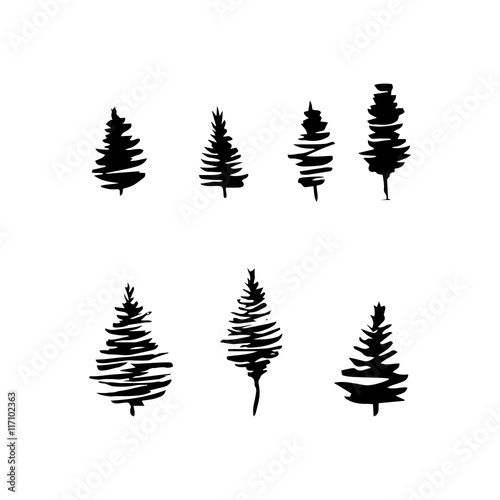 Fire tree black silhouettes, set isolated on white.
