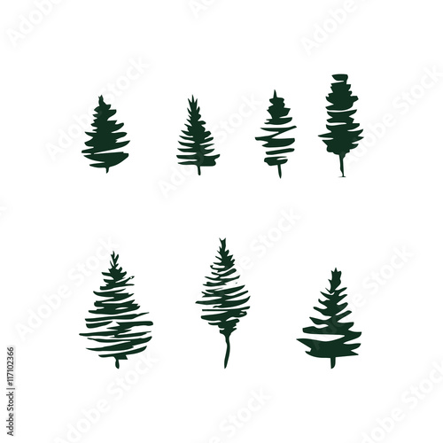 Fire tree silhouettes set isolated on white.