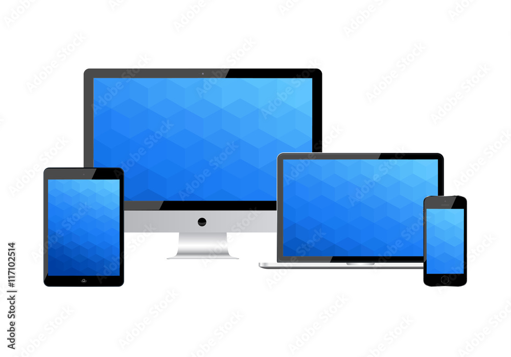 Set of realistic computer monitor, laptop, tablet and mobile phone with empty white screen. Various modern electronic gadget isolated on white background. Vector illustration EPS10 Set of realistic computer monitor, laptop, tablet and mobile phone with empty white screen. Various modern electronic gadget isolated on white background. Vector illustration EPS10