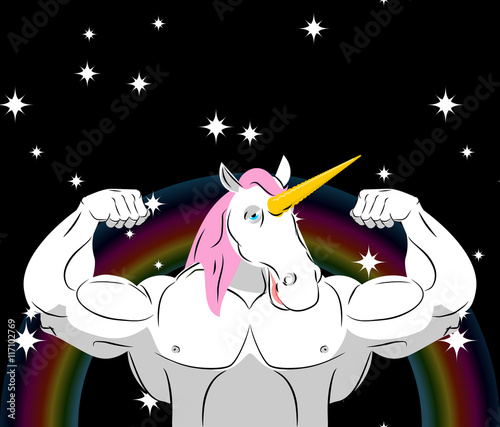 Unicorn Strong athlete. Magic pet bodybuilder with huge muscles.