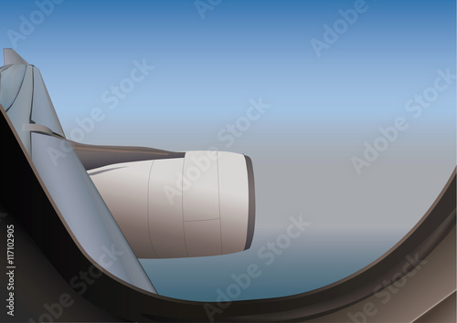 Airplane flight view from window to wing